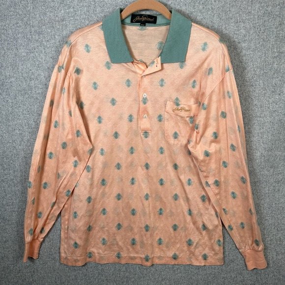 Vintage 70s Jack Nicklaus Golf Polo Shirt Peach Green Retro Long Sleeve Sz 100 - Picture 1 of 14